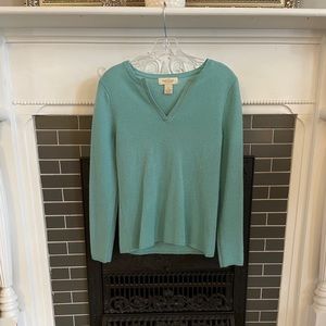 100% CASHMERE Blue Pullover Sweater Placket V Neck